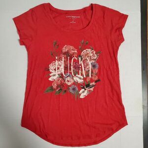 Lucky Brand Top Tee Peony "LUCKY" T-shirt Red Medium Pretty and Super Soft Top